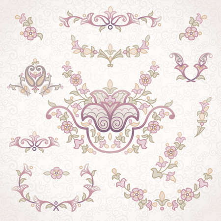Vector set of vintage ornaments in Eastern style. Ornate element for design and place for text. Ornamental lace patterns for wedding invitations and greeting cards. Traditional pastel decor on light background.のイラスト素材