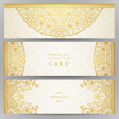 Vintage ornate cards in oriental style. Golden Eastern floral decor. Template frame for greeting card and wedding invitation. Ornate vector border and place for your text.のイラスト素材