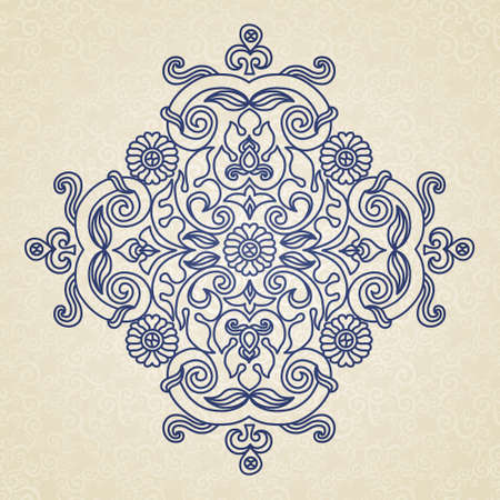 Vector vintage pattern in Eastern style on scroll work background. Ornate element for design. Place for text. Ornamental pattern for wedding invitations, greeting cards. Traditional outline decor.のイラスト素材