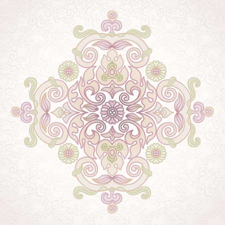 Vector vintage pattern in Eastern style on scroll work background. Ornate element for design. Place for text. Ornamental pattern for wedding invitations, greeting cards. Traditional pastel decor.のイラスト素材