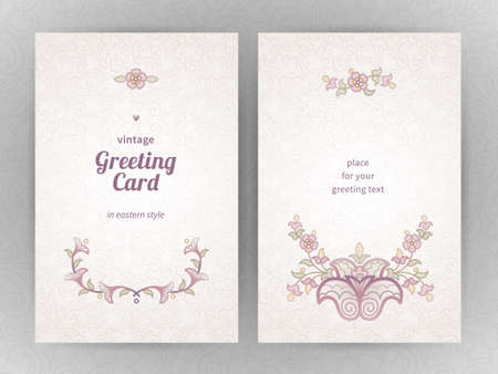 Vintage ornate cards in oriental style. Pastel Eastern floral decor. Template frame for greeting card and wedding invitation. Ornate vector border and place for your text.のイラスト素材
