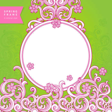 Vintage ornate frame with place for your text. Bright Victorian floral decor in spring colors. Template frame design for greeting card and wedding invitations, decoration for bags and clothes.のイラスト素材