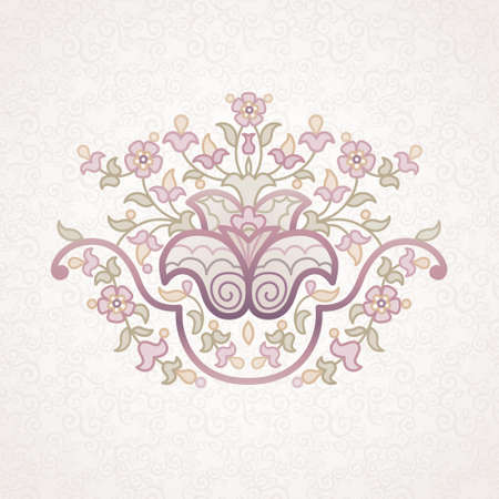 Vector vintage pattern in Eastern style on scroll work background. Ornate element for design. Place for text. Ornamental pattern for wedding invitations, greeting cards. Traditional pastel decor.のイラスト素材