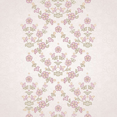 Vector floral border in Eastern style. Ornate element for design and place for text. Ornamental lace pattern for wedding invitations and greeting cards. Traditional pastel decor on light background.のイラスト素材