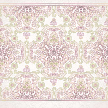 Vector floral border in Eastern style. Ornate element for design and place for text. Ornamental lace pattern for wedding invitations and greeting cards. Traditional pastel decor on light background.のイラスト素材