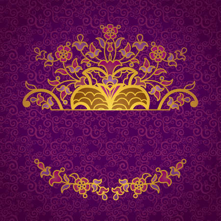 Vector vintage pattern in Eastern style on scroll work background. Ornate element for design. Place for text. Ornamental pattern for wedding invitations, greeting cards. Traditional golden floral decor.のイラスト素材