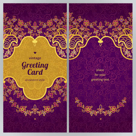 Vintage ornate cards in oriental style. Golden Eastern floral decor. Template vintage frame for greeting card and wedding invitation. Ornate vector border and place for your text.のイラスト素材