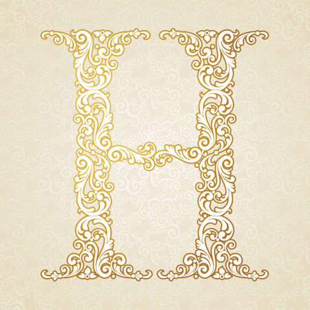 Gold font type letter H, uppercase. Vector baroque element of golden vintage alphabet made from curls and floral motifs. Victorian ABC element in vector.のイラスト素材