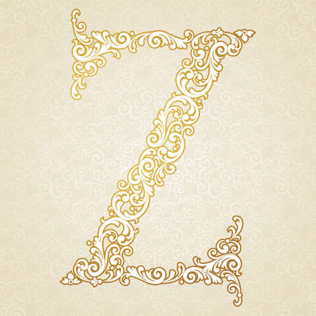 Gold font type letter Z, uppercase. Vector baroque element of golden vintage alphabet made from curls and floral motifs. Victorian ABC element in vector.のイラスト素材