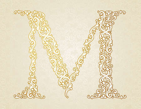 Gold font type letter M, uppercase. Vector baroque element of golden vintage alphabet made from curls and floral motifs. Victorian ABC element in vector.のイラスト素材