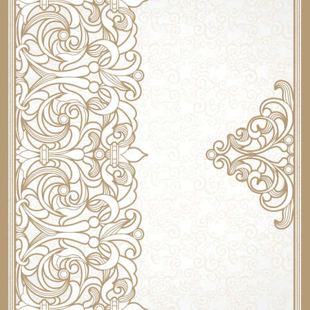 Vector floral border in Victorian style. Ornate element for design and place for text. Ornamental vintage pattern for wedding invitations and greeting cards. Traditional decor on light background.のイラスト素材