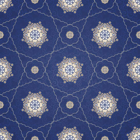 Vector seamless pattern, filigree background. Vintage element for design in Eastern style. Ornamental blue tracery. Ornate floral decor for wallpaper. Endless texture. Delicate pattern fill.のイラスト素材
