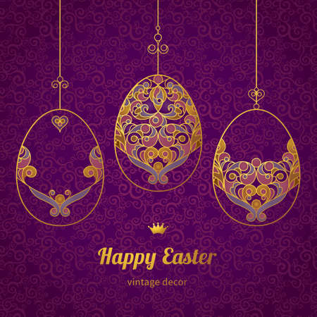 Golden ornamental eggs for your Easter design. Spring element in Eastern style. Traditional vintage decor for invitations, greeting cards. Ornate pattern for line art template.のイラスト素材