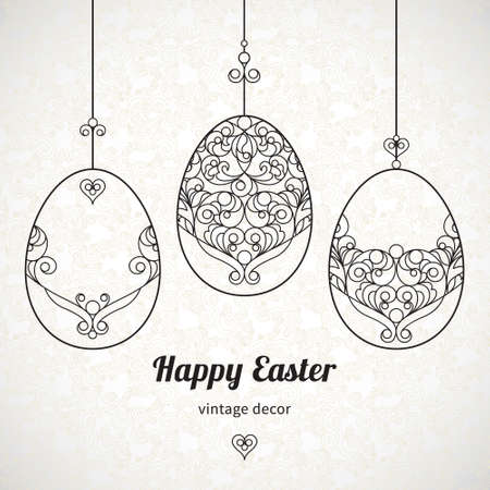 Black outline ornamental eggs for your Easter design. Spring element in Eastern style. Traditional vintage decor for invitations, greeting cards. Ornate pattern for line art template.のイラスト素材