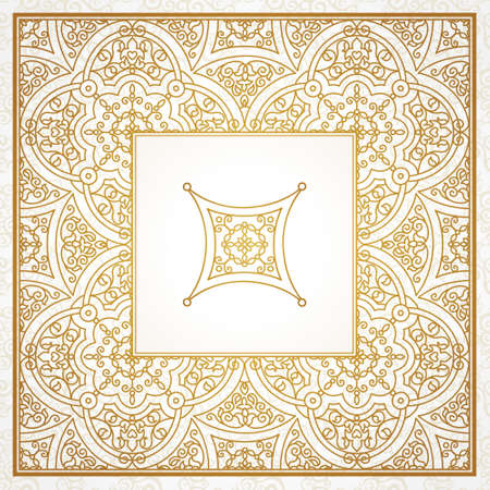 Filigree vector frame in Eastern style. Ornate element for design, place for text. Ornamental golden pattern for wedding invitations and greeting cards. Traditional vintage floral decor.のイラスト素材