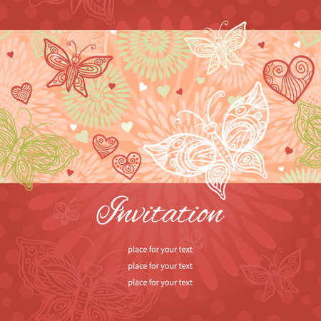 Gorgeous ornamental lace pattern. Red and pink floral background with lacy heart and butterflies. Template card design for Valentine's Day. Romantic decor, place for your text.のイラスト素材