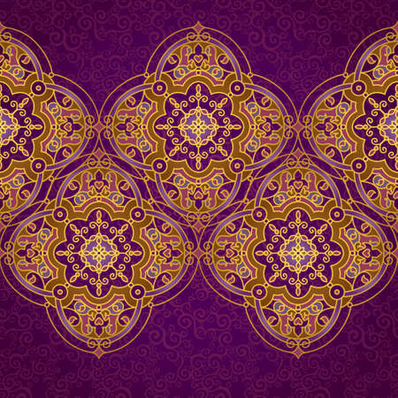 Vector ornate border in Eastern style. Gorgeous element for design, place for text. Ornamental vintage pattern for wedding invitations and greeting cards. Traditional gold decor on purple background.のイラスト素材
