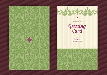 Vintage ornate cards with Victorian elements. Colorful decor with floral ornaments. Template ornamental frame for greeting card and wedding invitation. Filigree vector border and place for your text.のイラスト素材
