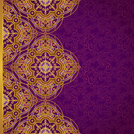Vector ornate border in Eastern style. Gorgeous element for design, place for text. Ornamental vintage pattern for wedding invitations and greeting cards. Traditional gold decor on purple background.のイラスト素材