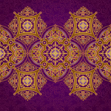 Vector ornate border in Eastern style. Gorgeous element for design, place for text. Ornamental vintage pattern for wedding invitations and greeting cards. Traditional gold decor on purple background.のイラスト素材