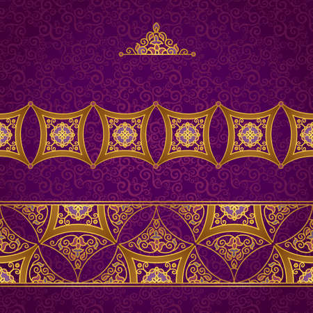 Vector ornate border in Eastern style. Gorgeous element for design, place for text. Ornamental vintage pattern for wedding invitations and greeting cards. Traditional gold decor on purple background.のイラスト素材
