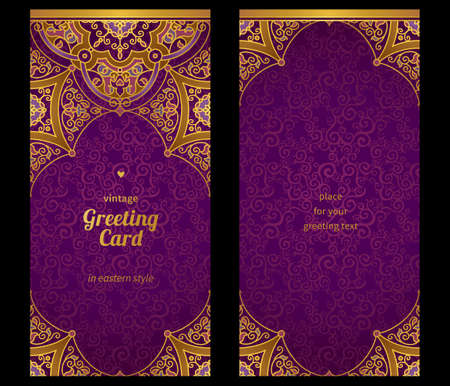 Vintage ornate cards in Eastern style. Golden decor with floral ornaments. Template ornamental frame for greeting card and wedding invitation. Filigree vector border and place for your text.のイラスト素材