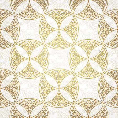 Vector seamless pattern with golden ornaments. Vintage element for design in Eastern style. Ornamental lace tracery. Ornate floral decor for wallpaper. Endless vintage texture. Brocade pattern fill.のイラスト素材