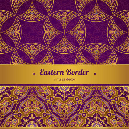 Vector ornate seamless border in Eastern style. Gorgeous element for design, place for text. Ornamental vintage pattern for wedding invitations and greeting cards. Traditional gold decor.のイラスト素材