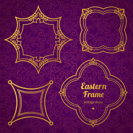 Filigree vector frame in Eastern style. Ornate element for design, place for text. Ornamental golden pattern for wedding invitations and greeting cards. Traditional vintage floral decor.のイラスト素材