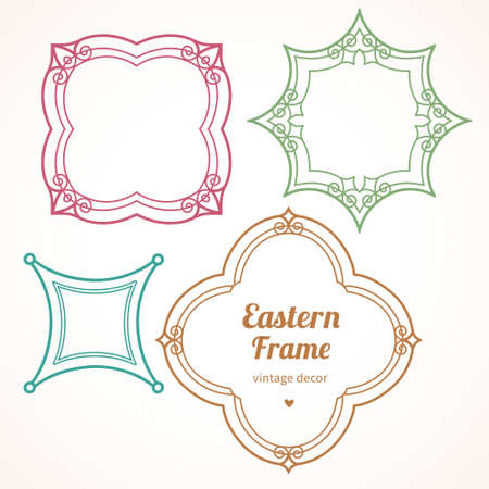 Filigree vector frames in Eastern style. Ornate element for design, place for text. Ornamental outline pattern for wedding invitations and greeting cards. Traditional vintage floral decor.のイラスト素材