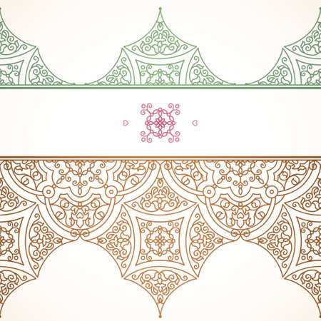 Vector ornate seamless border in Eastern style. Filigreed element for design, place for text. Ornamental vintage pattern for wedding invitations and greeting cards. Traditional pastel decor.のイラスト素材