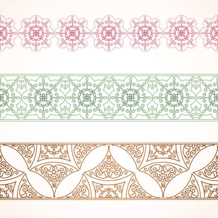 Vector ornate seamless border in Eastern style. Filigreed element for design, place for text. Ornamental vintage pattern for wedding invitations and greeting cards. Traditional pastel decor.のイラスト素材