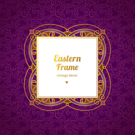 Filigree vector frame in Eastern style. Ornate element for design, place for text. Ornamental golden pattern for wedding invitations and greeting cards. Traditional vintage floral decor.のイラスト素材