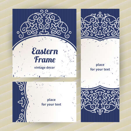 Vintage ornate cards with Eastern elements. Outline decor with floral ornaments. Template ornamental frame for greeting card and wedding invitation. Filigree vector border and place for your text.のイラスト素材