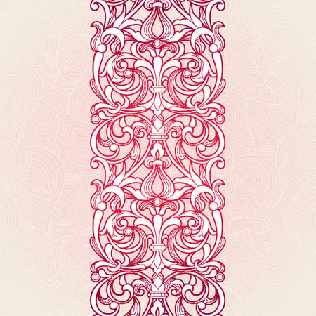 Vector seamless border in Victorian style. Vintage element for design, place for text. Ornamental floral pattern for wedding invitations, greeting cards. Traditional red decor on pink background.のイラスト素材