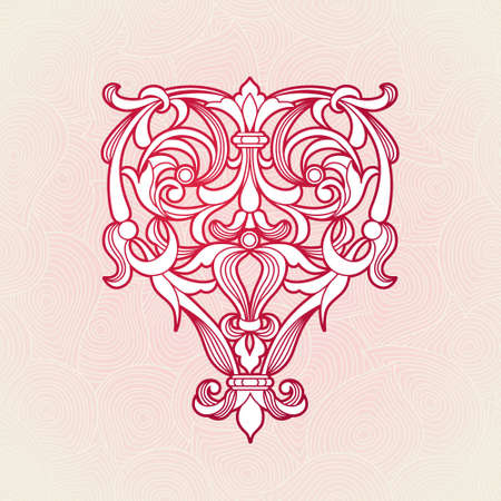 Vector floral pattern in Victorian style. Ornate element for design. Ornamental vintage illustration for wedding invitations, greeting cards. Traditional red outline decor on pink background.のイラスト素材