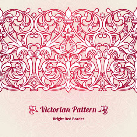 Vector seamless border in Victorian style. Vintage element for design, place for text. Ornamental floral pattern for wedding invitations, greeting cards. Traditional red decor on pink background.のイラスト素材