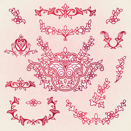 Vector vintage vignettes in Eastern style on scroll work background. Ornate element for design. Place for text. Ornamental pattern for wedding invitations, greeting cards. Traditional outline decor.のイラスト素材