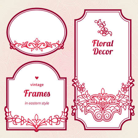 Filigree vector frames in Eastern style. Ornate element for design, place for text. Ornamental red borders for wedding invitations and greeting cards. Traditional vintage floral decor.のイラスト素材