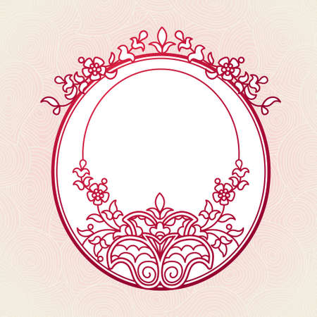 Filigree vector frame in Eastern style. Ornate element for design, place for text. Ornamental red border for wedding invitations and greeting cards. Traditional vintage floral decor.のイラスト素材