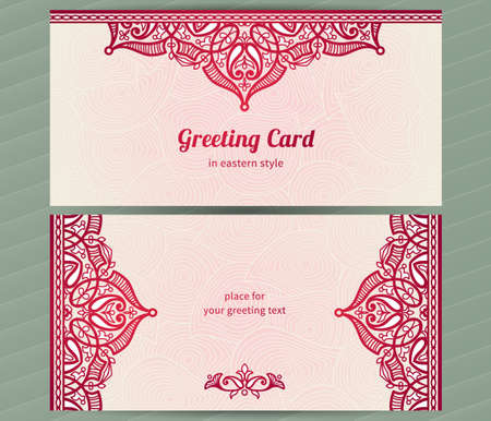 Vintage ornate cards in oriental style. Red Eastern floral decor. Template frame for greeting card and wedding invitation. Ornate vector border and place for your text.のイラスト素材