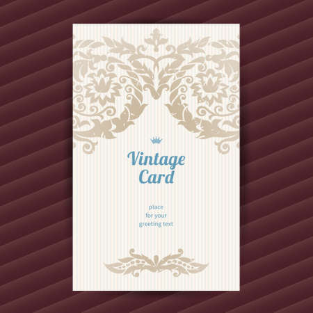 Vintage ornate card in Victorian style. Beige floral decor. Template ornamental frame for greeting card and wedding invitation. Filigree vector border and place for your text.のイラスト素材