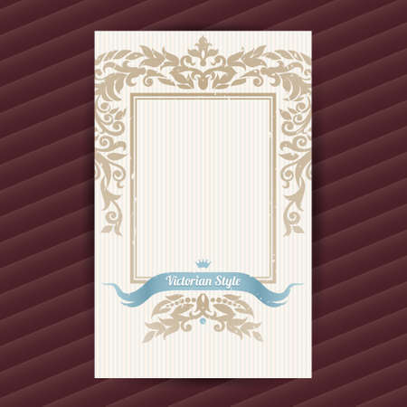 Vintage ornate card in Victorian style. Beige floral decor. Template ornamental frame for greeting card and wedding invitation. Filigree vector border and place for your text.のイラスト素材