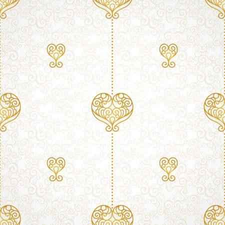 Fine seamless vector pattern with hearts. Golden line art decor on light background. Lace outline wallpaper. Vector vintage backdrop. Endless ornate texture. Filigree romantic pattern fill.のイラスト素材