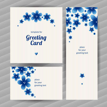 Bright floral card with simple flowers. Blue vintage illustration. Decorative element for design, place for text. Template frame for greeting card and wedding invitation.のイラスト素材