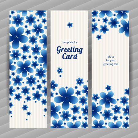 Bright floral card with simple flowers. Blue vintage illustration. Decorative element for design, place for text. Template frame for greeting card and wedding invitation.のイラスト素材