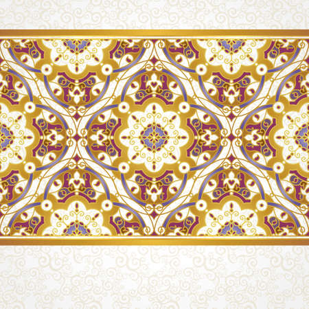 Vector seamless border in Eastern style. Ornate element for design and place for text. Ornamental lace pattern for wedding invitations and greeting cards.Traditional colorful decor on light background.のイラスト素材