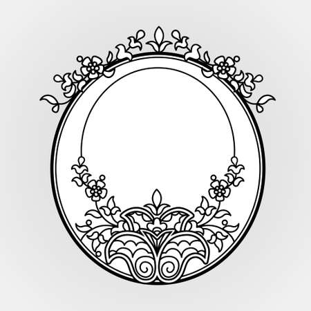 Filigree vector frame in Eastern style. Ornate line art element for design, place for text. Ornamental black borders for wedding invitations and greeting cards. Traditional vintage floral decor.のイラスト素材