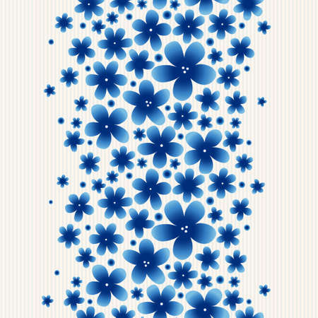 Bright floral border on light background. Spring garland with simple flowers. Blue vintage illustration. Decorative element for design, place for text. Lace pattern for invitations, greeting cards.のイラスト素材