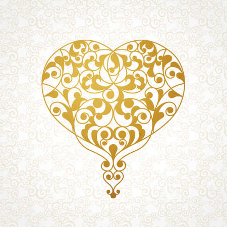 Ornate vector heart in line art style. Elegant element for logo design, place for text. Lace floral illustration for wedding invitations, greeting cards, Valentines cards. Light outline pattern.のイラスト素材